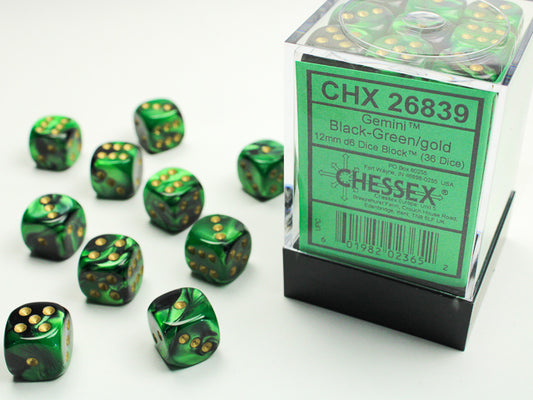 Chessex - Gemini 12mm D6 Dice Block - Black & Green w/Gold