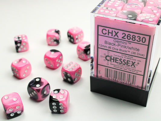 Chessex - Gemini 12mm D6 Dice Block - Black & Pink w/White