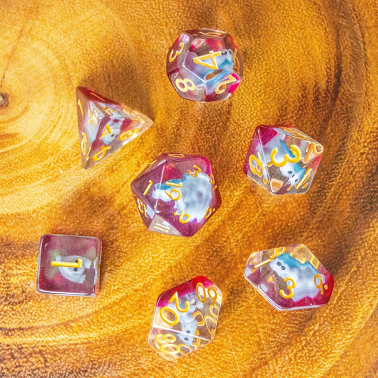 Blue Dinosaurs DnD Filled Dice Set| Dungeons and Dragons Transparent See through Dice (7) | Polyhedral Dice