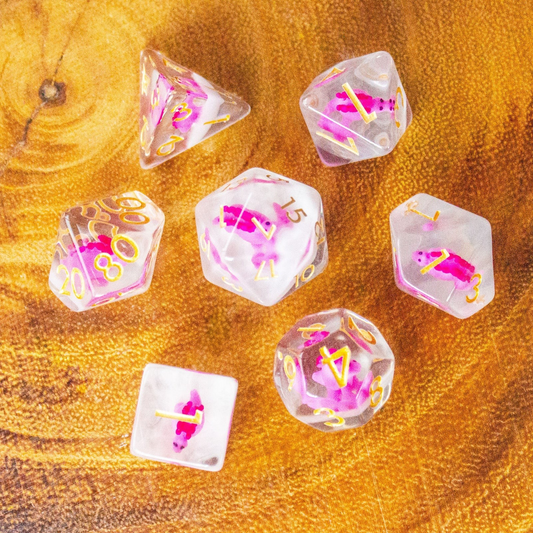 Pink Dinosaurs DnD Filled Dice Set| Dungeons and Dragons Transparent See through Dice (7) | Polyhedral Dice