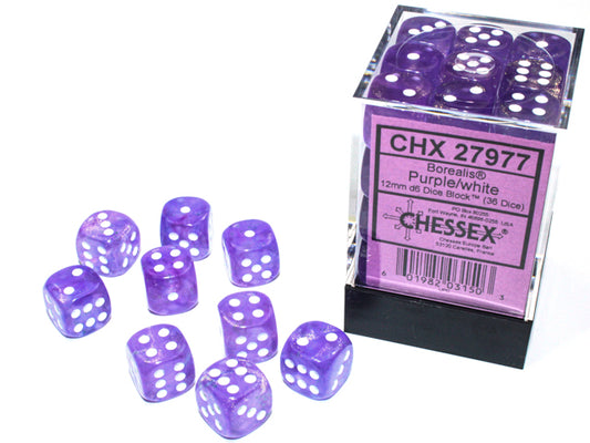 Chessex - Borealis 12mm D6 Dice Block - Luminary Purple & White Dice Block