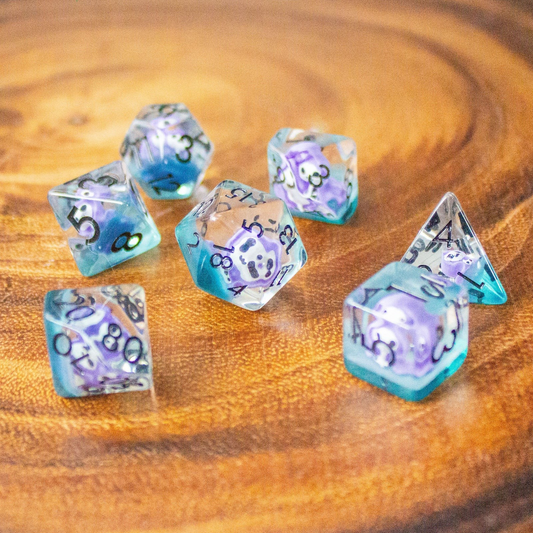 Purple Grim Reaper DnD Dice Set| Dungeons and Dragons Red and Clear Transparent Dice (7) | Polyhedral Dice