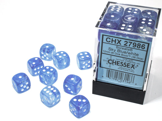 Chessex - Borealis 12mm D6 Dice Block - Luminary Sky Blue & White Dice Block