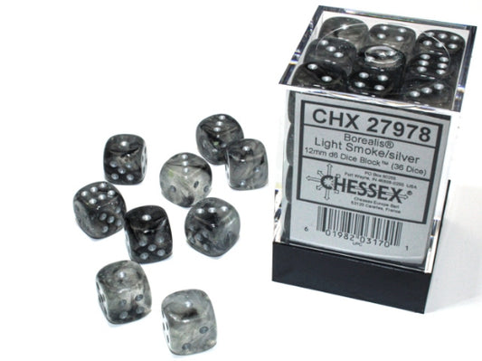 Chessex - Borealis 12mm D6 Dice Block - Luminary Light Smoke Silver Dice Block