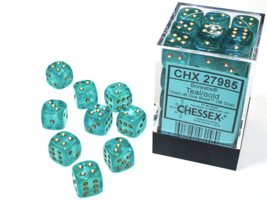 Chessex - Borealis 12mm D6 Dice Block - Luminary Teal & Gold Dice Block