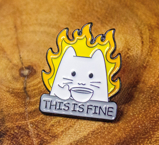 This Is Fine White Cat Pin