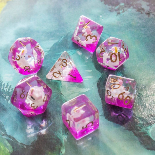 Pink Unicorn DnD Dice Set| Dungeons and Dragons Purple Transparent Dice (7) | Polyhedral Dice