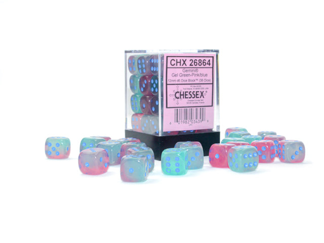 Gemini D6 Set of 36: Gel Green- Pink/Blue Luminary Dice Block